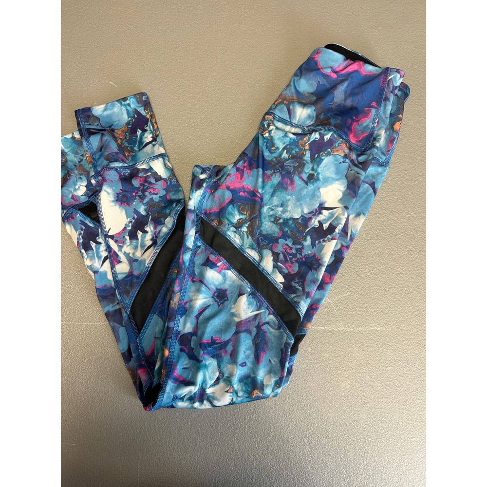 Reflex Women Floral Mesh Panel Leggings Activewear Blue Pink XS